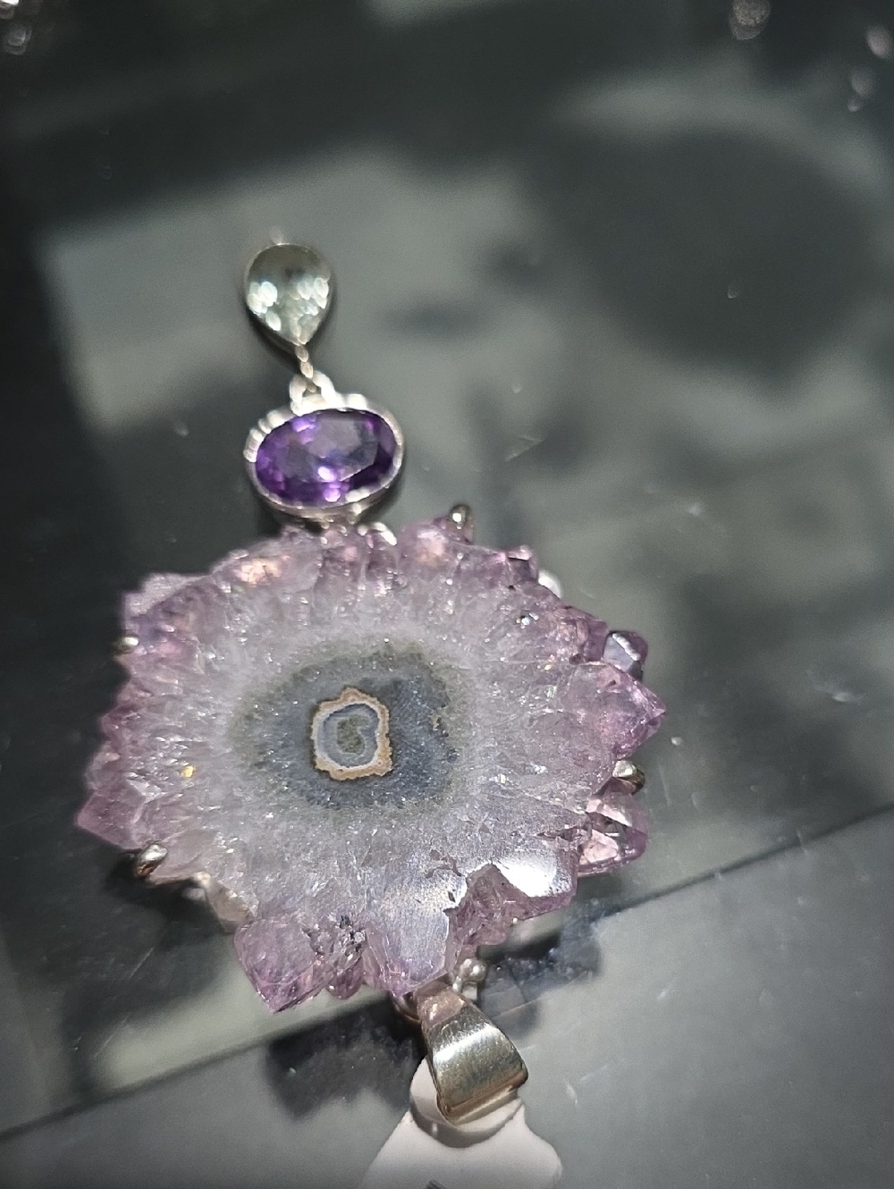 Natural Purple Amethyst Stalactite Slice Pendant with Faceted Amethyst Accent